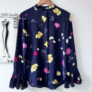 Ann Taylor Career Navy Floral Poet Sleeves Boho Modest Button Down Workwear Sz M